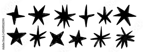 Black crayon hand drawn stars and sparkles set. Childish doodled sparks collection. Grunge rough brush stroke shine element pack for collage, poster, sticker. Kid sketched pencil symbols. Vector
