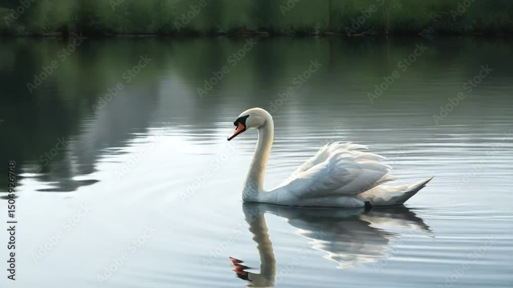Elegant swan gliding on serene lake with reflections