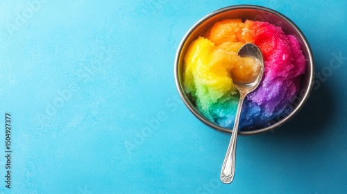 Wallpaper Mural Colorful Rainbow Ice Shaved Dessert in Bowl with Spoon on Blue Surface Torontodigital.ca