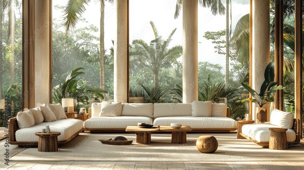 Obraz premium Light-filled living room with beige sectional sofa, wooden furniture, and lush tropical view