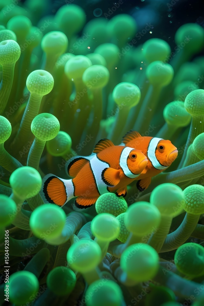Fototapeta premium Clownfish Swimming Among Sea Anemones – Vibrant Underwater Marine Life