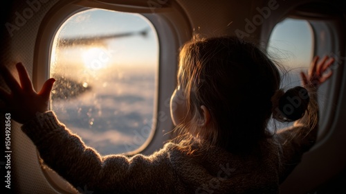 Child watching sunset from airplane window in-flight travel photography sky emotional perspective