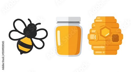 A flat vector design of a honey label with bee icon, jar, and honeycomb, positioned in the center of a plain white background
