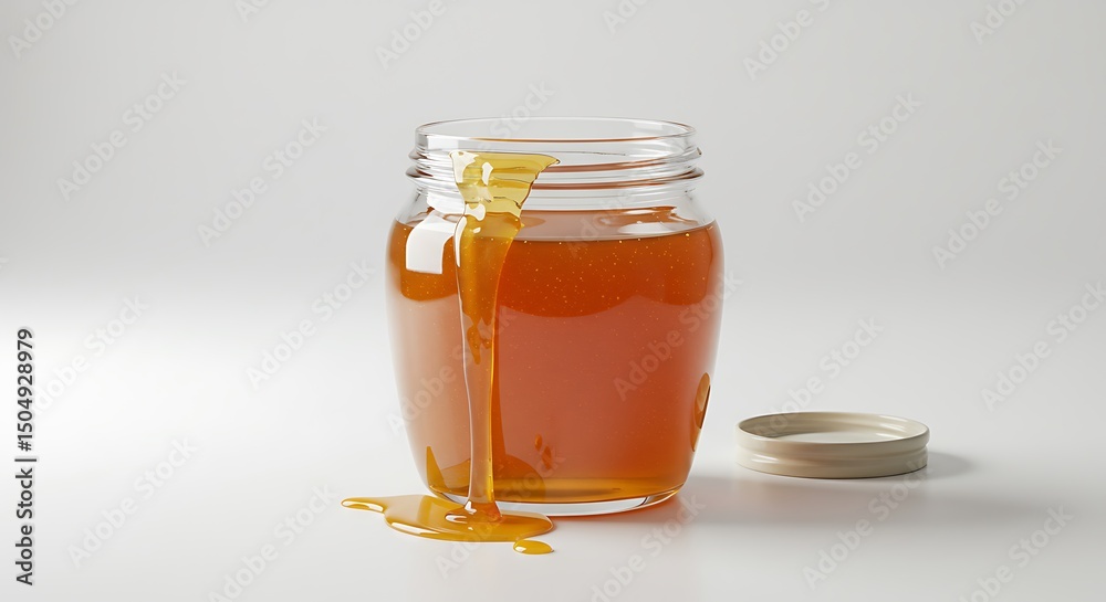 A glass jar of honey with the lid open and honey overflowing slightly, positioned in the middle of a white background
