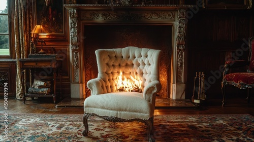 Luxurious armchair by fireplace photo