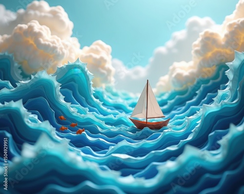 Sailing Through the Azure: A lone sailboat navigates the turbulent embrace of a cerulean sea, guided by fluffy cumulus clouds overhead.