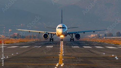 Wallpaper Mural Airplane taking off on runway airport photography early morning front view aviation concept Torontodigital.ca