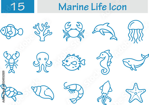 15 set Marine life outline icon on transparent background