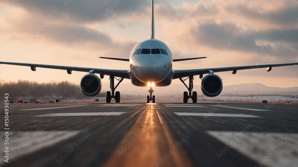 Naklejka premium Aircraft taking off at sunrise airport runway photography dynamic environment front view aviation concept