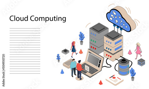 Isometric Cloud Computing and Data Management Illustration, a stylized cloud connected to server stacks, a database, a laptop displaying a digital document, and small human figures interacting 