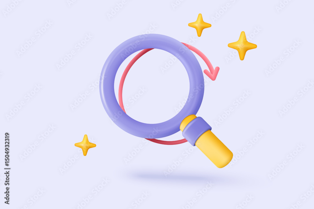 3D minimal purple search bar or magnifying glass in blank search bar on white background. Search bar design element on web browser. 3d vector magnifier render for UI illustration in pastel background
