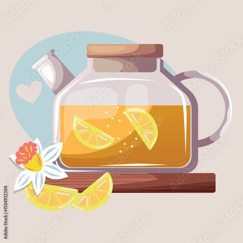 Clear glass teapot with lemon slices inside, accompanied by a white flower and lemon wedges on a wooden surface, symbolizing fresh citrus tea or herbal infusion