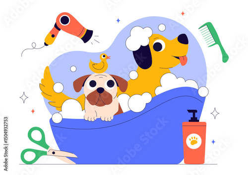 Pet Grooming Vector Illustration featuring the Maintenance of Cleanliness, Health, and Appearance of Pets such as a Dog or Cat in a Background
