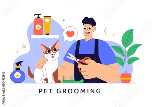 Pet Grooming Vector Illustration featuring the Maintenance of Cleanliness, Health, and Appearance of Pets such as a Dog or Cat in a Background
