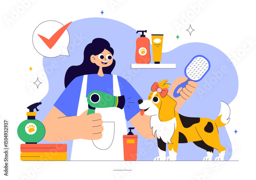Pet Grooming Vector Illustration featuring the Maintenance of Cleanliness, Health, and Appearance of Pets such as a Dog or Cat in a Background