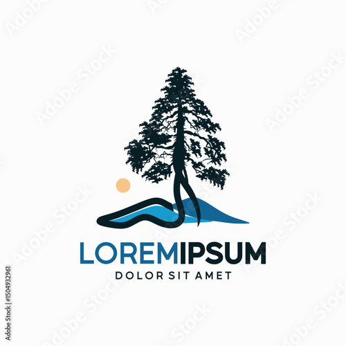 Vector illustration of sequoia tree logo design with mountain hand drawn creative art style