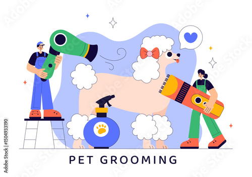Pet Grooming Vector Illustration featuring the Maintenance of Cleanliness, Health, and Appearance of Pets such as a Dog or Cat in a Background