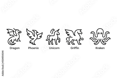 Mythical Creature Icons Set – Minimalist Black and White Vector