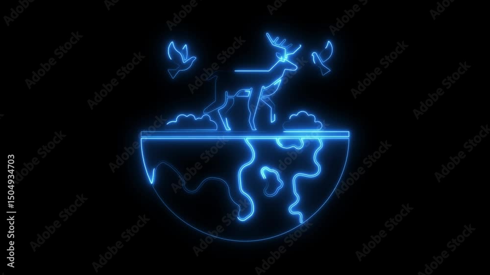 Glowing neon stag and doves over earth symbolizing nature and environment conservation