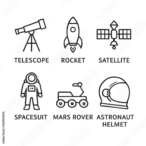 Black and White Vector Icons of Space Exploration Tools with Labels