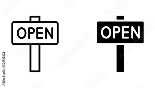 Open vector icon set. Open flat sign design. Open signboard symbol pictogram on white background