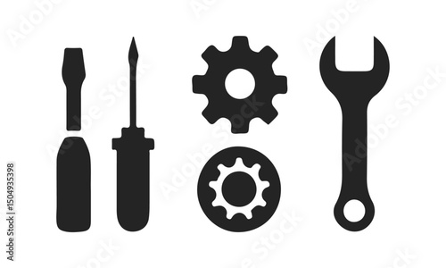 Mechanic Tools and Gear Silhouettes Set,  A collection of black silhouettes featuring essential mechanic tools and a gear. 