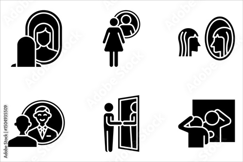 mirror icon set, Person reflection in a mirror line icon on white background