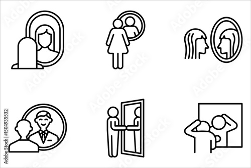 mirror icon set, Person reflection in a mirror line icon on white background