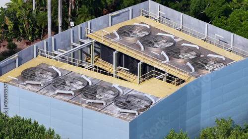Cooling Tower Aerial View with Rotating Fans photo