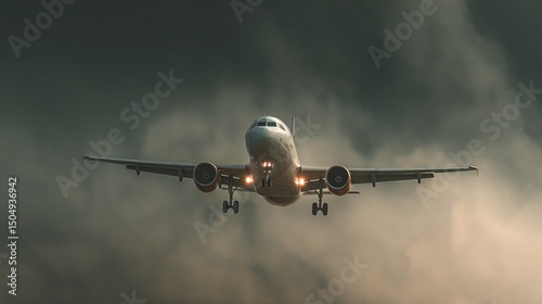 Airplane landing in stormy skies airport runway aerial photography dramatic atmosphere low angle aviation dynamics