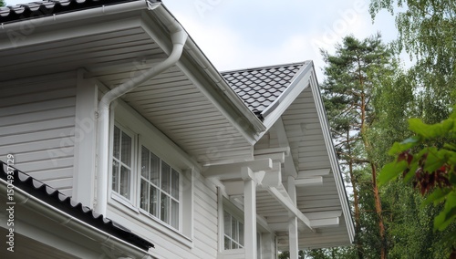 Section view of a white house with updated wooden eaves, plastic gutters, and a grey shingle roof.