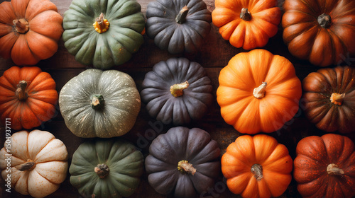 Group of assorted pumpkins arranged neatly. 