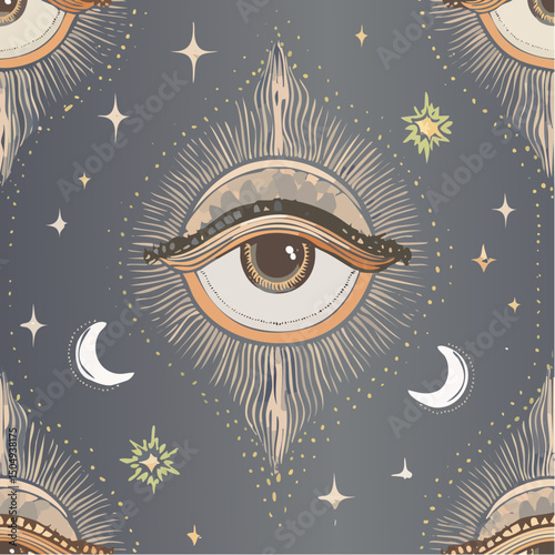 Seamless celestial vector pattern with stars, moons, eyes, and tarot symbols in a mystical style with golden accents and dark background, ideal for boho and spiritual designs