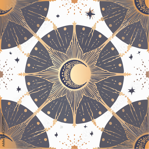 Seamless celestial vector pattern with stars, moons, eyes, and tarot symbols in a mystical style with golden accents and dark background, ideal for boho and spiritual designs