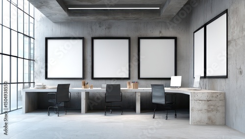 Clean office setup with blank whiteboard frames, raw concrete finishes, and minimalist desk.