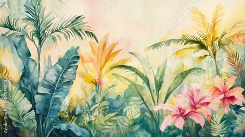 Tropical Lush Greenery and Exotic Blooms Vibrant Watercolor in Serene Setting