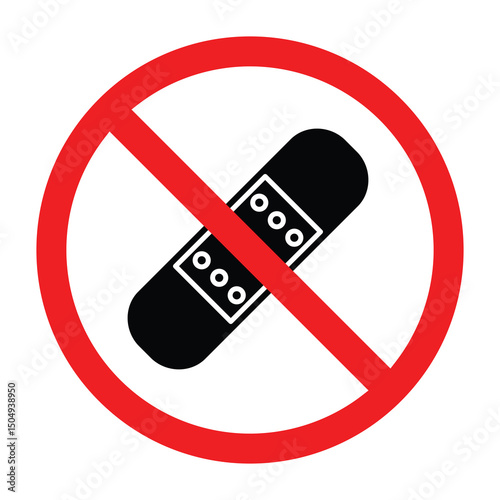Forbidden sign with medical band aid icon, no bandage allowed sign, bandage prohibition symbol, do not use bandage plaster sign
