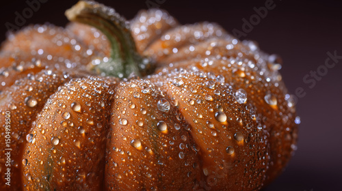Pumpkin with dew drops on surface. 