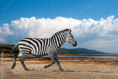 Zebra running in the savannah on white clouds background, National park of Kenya