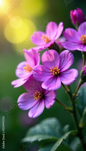 Close-up of purple summer flowers, soft sunlight, textured petals, lavender, flowering plants