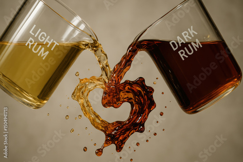 Light and dark rum pouring to form heart shape splash