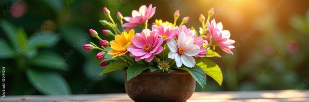Fototapeta premium Sunlit posy of mixed spring blooms in rustic pot , white, purple