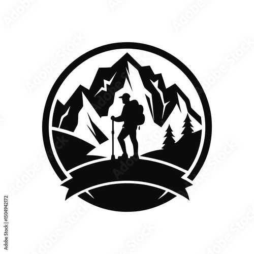 Mountain, adventure, hiking, trekking, climber, backpacker, nature, outdoors, exploration, badge, emblem, logo, black and white, peak, journey, travel, stars, silhouette