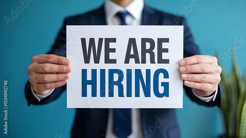 Man in suit holding a we are hiring sign with blue background and plant visible