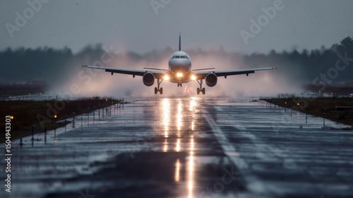 Landing airplane action airport location photography content type rainy environment ground viewpoint aviation concept