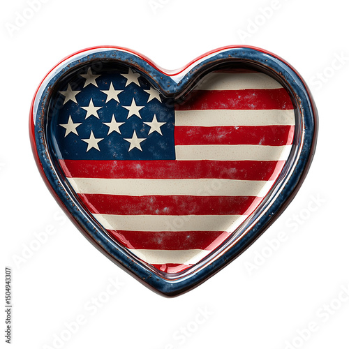 Close up of a heart shaped object painted with the american flag on a black background studio shot