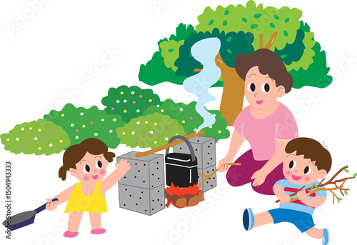 キャンプでハンゴウ炊飯するお母さんと子供たち
