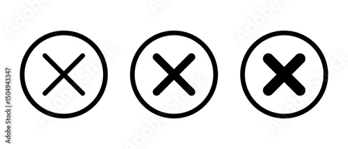 Cross, x mark icon set on circle line. Wrong, error, close sign symbol
