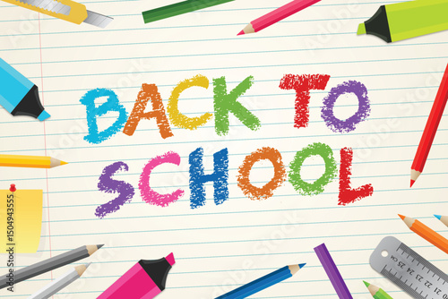 Back to school in paper space with color pencil, educational elements vector illustration