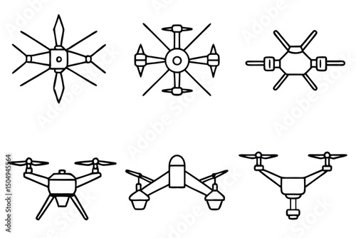 Six Drone Designs Line Art of Various Unmanned Aerial Vehicle Configurations